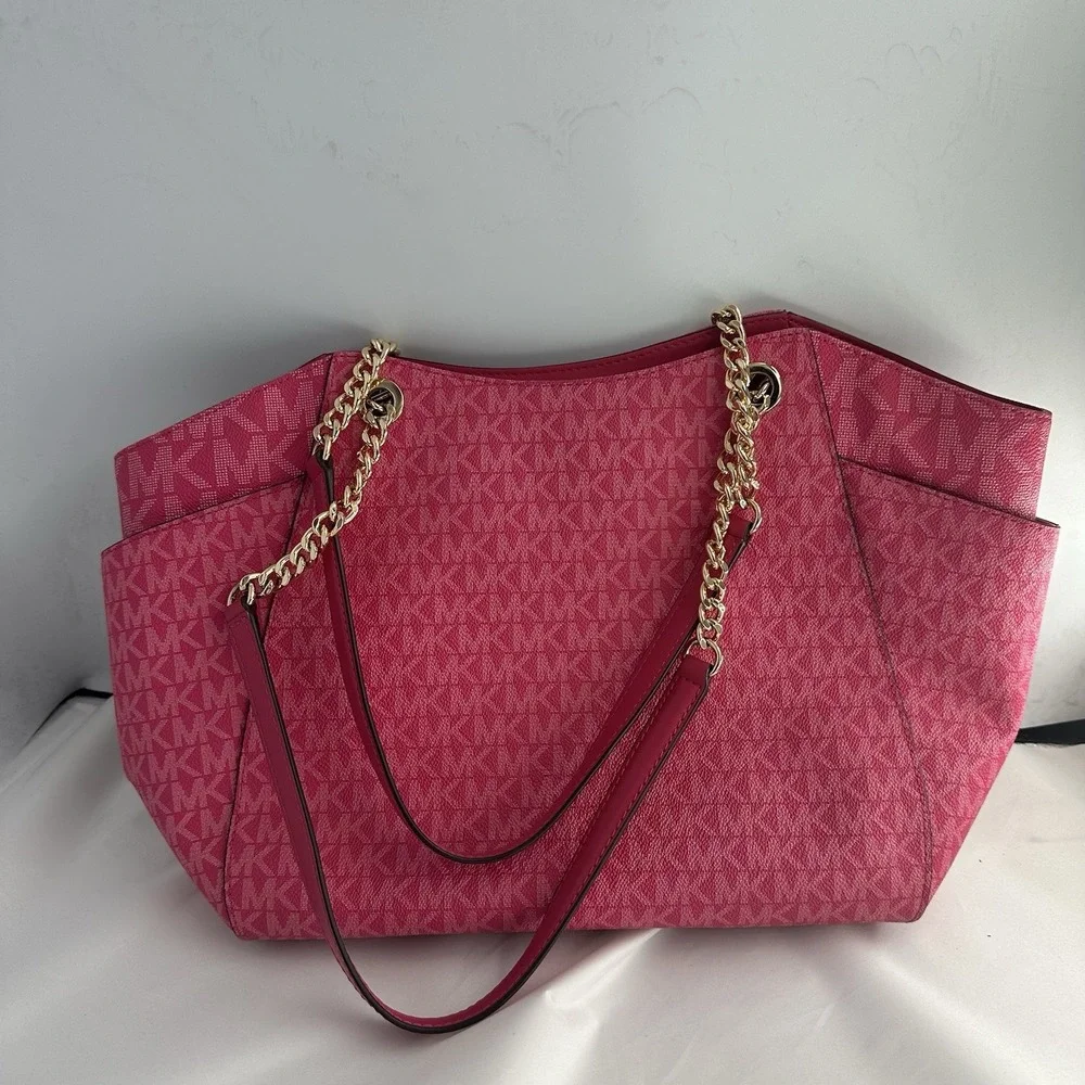 Michael Kors Jet Set Pink East West Medium Top Zip Signature Logo Leather Tote